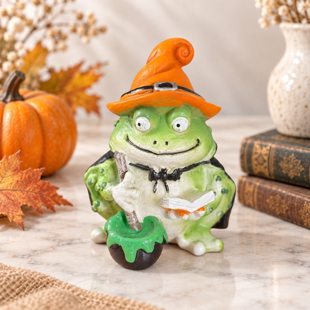 Halloween Witch Frog Figurine Resin Toad Statue Cauldron Spell Book Decor